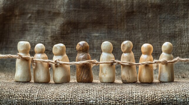 Unity and diversity concept: Wooden figures stand together, tied by rope, symbolizing connection and individuality on a rustic backdrop.