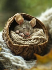 Poster - Tiny mouse nestled in walnut shell bed with cozy blanket in a magical fairy tale world, surrounded by natures beauty