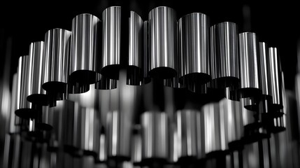 Poster - Metal drums installation modern art gallery abstract sculpture indoor space close-up view creative chaos