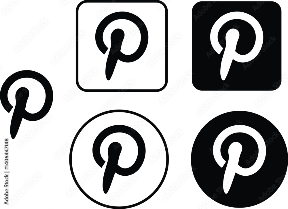 Pinterest application logos set, pinterest icons button in trendy black ...