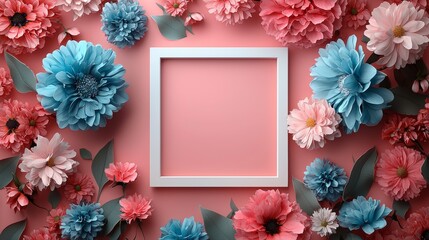 Wall Mural - 3d flat lay with white square frame and colorful flowers on pink background
