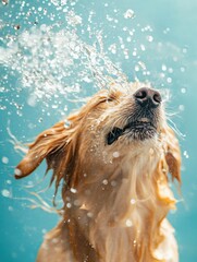 Aufkleber - Wet dog shakes off water after bath creating dramatic splash effect on clean vibrant background in bright and cheerful environment