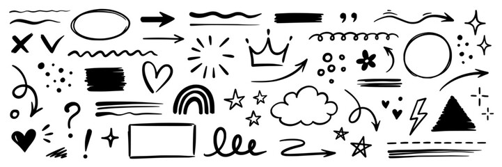 Aufkleber - Line hand drawn brush marker underline, highlight, star element set. Hand drawn sketch marker underline shape, arrow, star scribble brush pen stroke icon highlight element. Vector illustration.