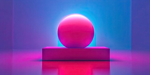 Poster - Pink Sphere on Purple Cube in Neon Blue Room