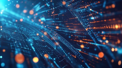 Poster - A vibrant, abstract representation of digital data flow, showcasing interconnected lines and glowing orbs in shades of blue and orange.