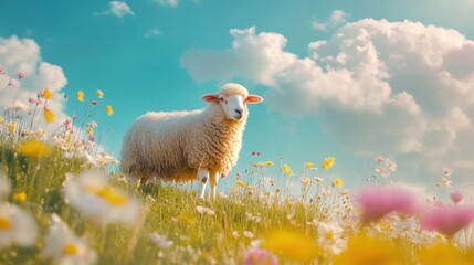 Poster - Soft sheep grazing on a hill surrounded by vibrant flowers under a bright spring sky