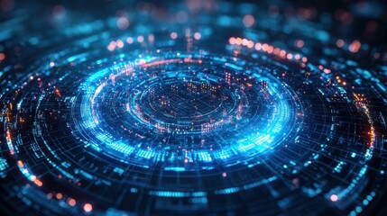 Poster - a vibrant digital design featuring concentric circles of blue and orange light, evoking a futuristic