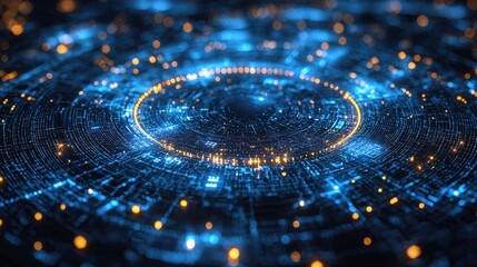 Poster - a vibrant, abstract representation of digital data flow featuring concentric circles of blue and gol