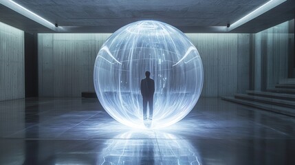 Poster - a figure stands within a glowing, translucent sphere in a minimalist, modern space, evoking themes o
