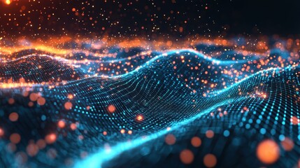 Poster - A vibrant digital landscape featuring waves of glowing particles, creating a dynamic visual representation of data or abstract technology.
