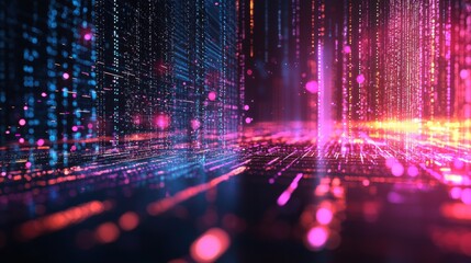 Poster - a vibrant digital landscape with colorful streams of light, resembling data flow in a futuristic set