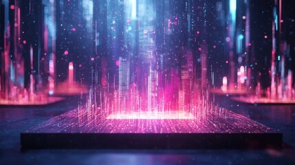 Poster - A vibrant, futuristic scene with glowing vertical lines and particles, creating a dynamic visual of technology and data in a digital landscape.