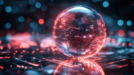 Poster - A luminous, glass-like sphere reflecting vibrant blue and red lights, set against a digital backdrop, evoking a futuristic and technological atmosphere.