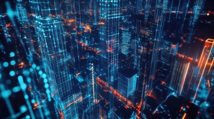 Poster - a futuristic aerial view of a vibrant cityscape illuminated by blue and orange lights, showcasing to