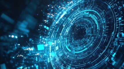 Poster - A futuristic digital design featuring concentric circles of blue light and patterns, suggesting technology and data flow.