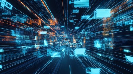 Poster - A dynamic, abstract visualization of data streams and digital elements, illustrating the concept of rapid information flow in a futuristic environment.