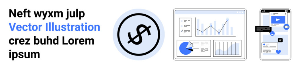 Dollar sign, dashboard with data charts, graphs, and mobile interface for business analytics. Ideal for finance, analytics, management, technology, business growth data management simple landing