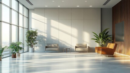 Poster - a modern, airy lobby featuring large windows, minimalist furniture, and indoor plants, bathed in nat