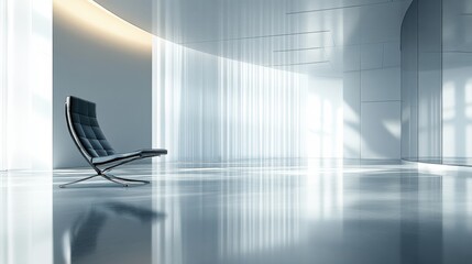 Poster - A sleek, modern space featuring a minimalist chair, polished floors, and elegant lighting, creating a calm and contemporary atmosphere.