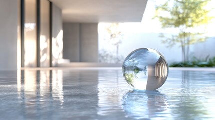 Poster - a reflective sphere rests on a smooth surface, surrounded by a modern architectural setting and gree