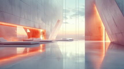 Poster - A modern, minimalist interior featuring sleek lines, vibrant lighting, and expansive views, creating a serene and stylish atmosphere.
