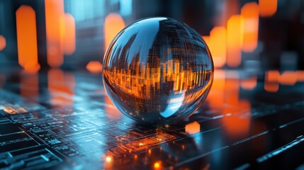 Poster - A futuristic sphere with glowing digital patterns sits on a reflective surface, surrounded by an abstract, high-tech environment.