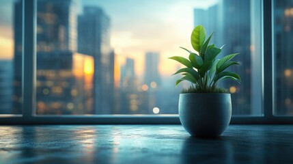 Poster - a potted plant in a modern interior with a city skyline visible through a large window at sunset, cr