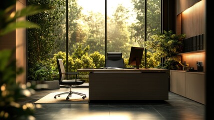 Poster - a modern office space with large windows, showcasing greenery outside, and a stylish desk and chair,
