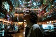 © Роман Булатов - A student stands in a library gazing upwards as digital projections illuminate the walls, showcasing information among shelves filled with books Generative AI