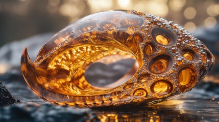 Poster - a stunning amber glass sculpture resembling a shell, featuring intricate bubble patterns and a lumin