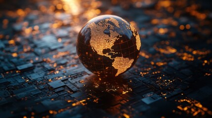 Poster - a glowing globe representing earth sits on a dark, circuit-like surface, symbolizing technology and 