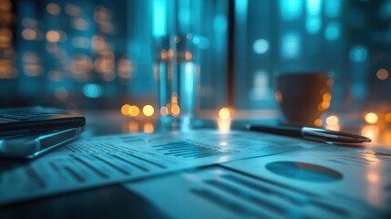 Poster - A sleek desk scene featuring papers, a pen, a calculator, and a cup, illuminated by soft blue tones and ambient lights.