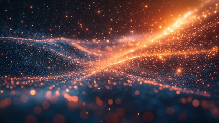 Poster - An abstract image showcasing a vibrant, illuminated wave of particles, blending warm orange and cool blue tones against a dark backdrop.
