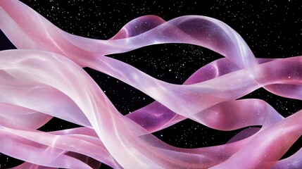 Poster - Abstract swirling ribbons of pink and white in a dark space.