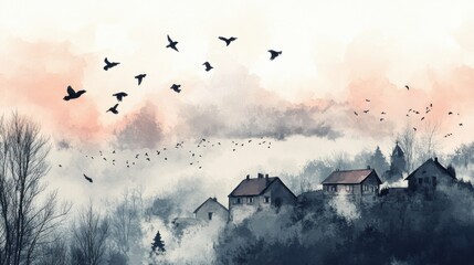 Poster - Watercolor depiction of birds flying over a tranquil village at sunset, capturing dreamy Lapki vibes with soft pastel colors and serene atmosphere