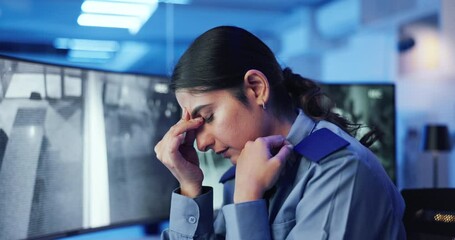 Poster - Stress, headache and woman by computer for security cam in control room with CCTV footage. Migraine, burnout and tired female supervisor with surveillance on technology in data center at night.