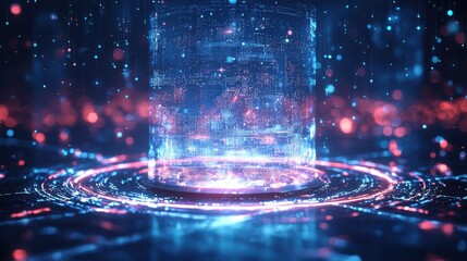 Poster - A futuristic, glowing cylinder surrounded by vibrant, colorful particles and digital patterns, creating a high-tech atmosphere.