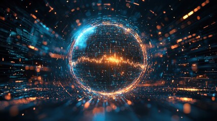 Poster - A digital sphere radiates vibrant lights and patterns, representing a fusion of technology and energy in a futuristic setting.