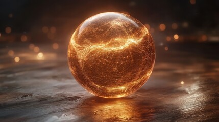 Poster - a glowing, spherical object with intricate golden patterns, set against a dark, reflective surface, 