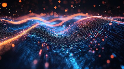 Poster - A vibrant digital landscape featuring waves of light and data points, creating a dynamic and colorful visualization.