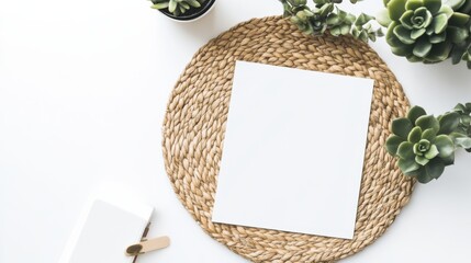 Poster - A minimalist workspace featuring a blank sheet of paper, succulent plants, and a woven placemat, creating a calm and inviting atmosphere.