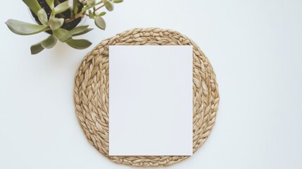 Poster - A minimalistic flat lay featuring a blank sheet of paper on a woven placemat, accompanied by a small potted plant.