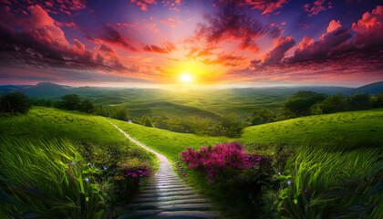 Poster - Breathtaking sunset over rolling hills and vibrant vegetation