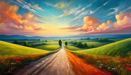 Aufkleber - A vibrant landscape with rolling hills and a colorful sunset