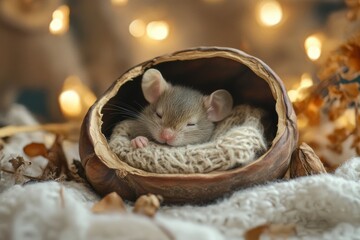 Poster - Tiny mouse snuggles in walnut shell bed with cozy blanket in whimsical fairy tale setting
