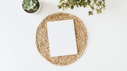 Poster - A minimalistic flat lay featuring a blank sheet of paper on a woven placemat with succulent plants in pots.