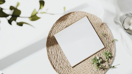 Poster - A minimalistic flat lay featuring a blank square canvas on a woven plate, surrounded by greenery and soft textures.