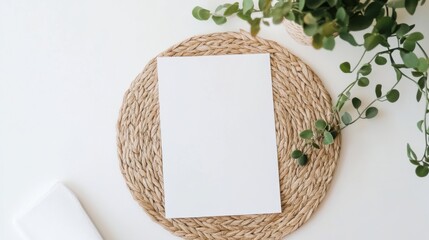 Poster - A minimalistic setup featuring a blank sheet of paper on a woven placemat, surrounded by greenery, ideal for creative work or note-taking.