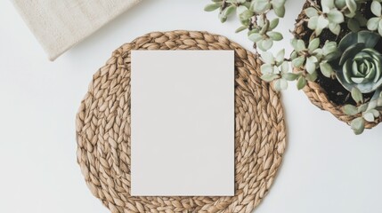 Poster - A minimalist flat lay featuring a blank sheet of paper on a woven placemat, surrounded by plants and a textured fabric.