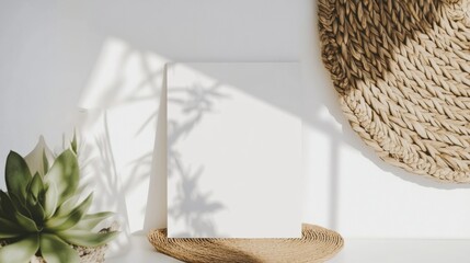Poster - A serene, minimalist scene featuring a blank canvas and a succulent plant, accented by natural light and woven decor.
